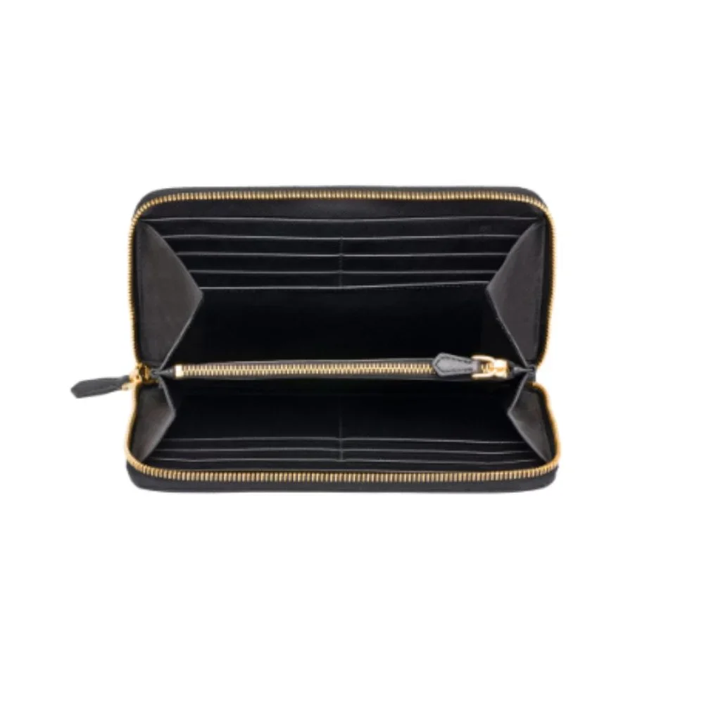 Prada Black Saffiano Leather Zip Wallet with Gold Logo